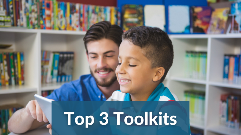 A boy reading with his teacher, with the title "Top 3 Toolkits"
